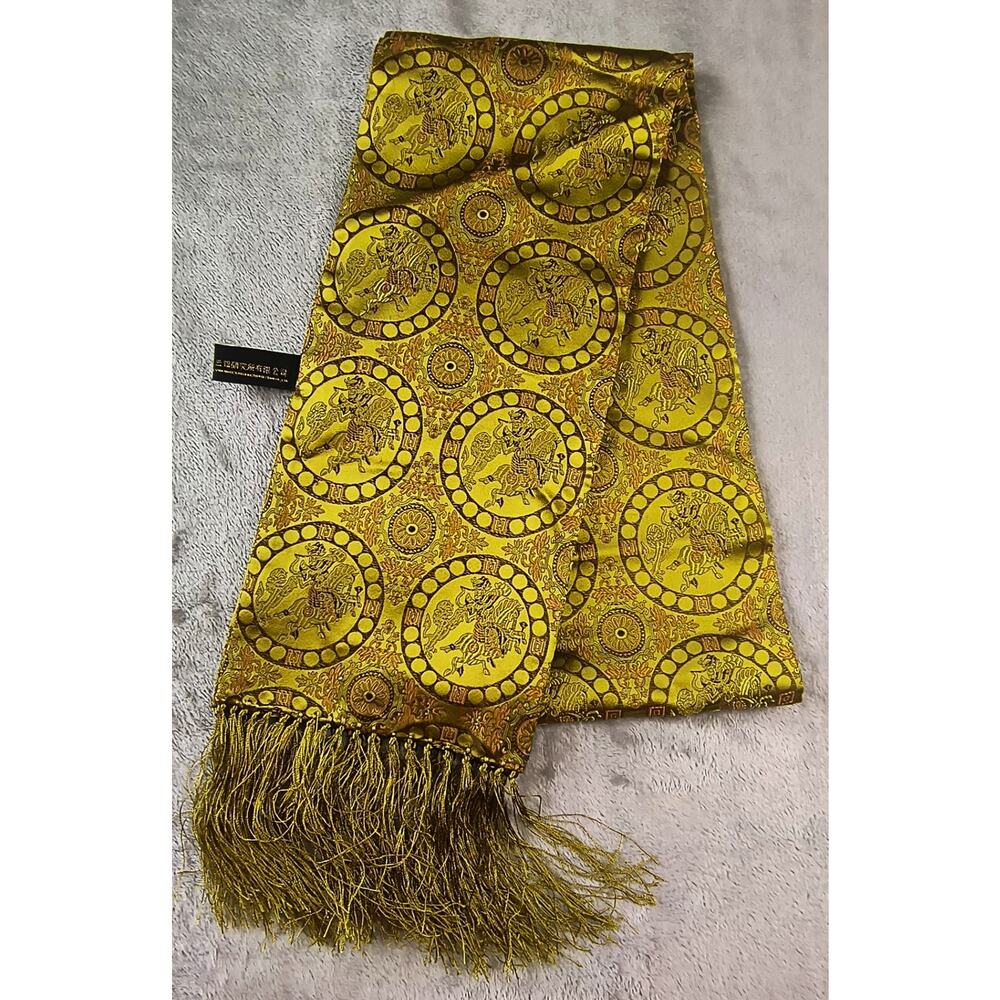 Vintage Chinese Brocade Silk Scarf - Golden Dragon & Floral Motif